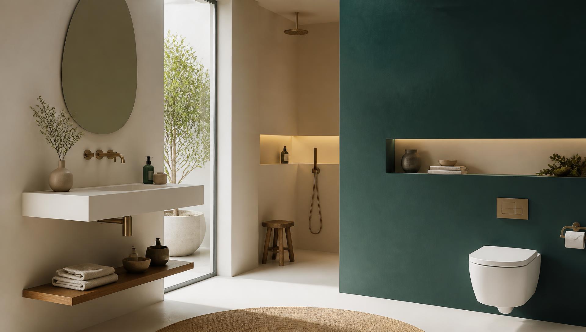Luxury bathroom interior with teal accent wall and wall-hung sanitaryware